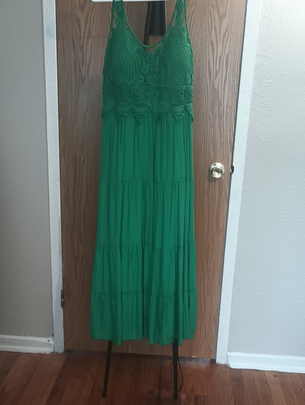 Green Crochet Bodice Maxi Dress - Women's Summer Tiered Maxi